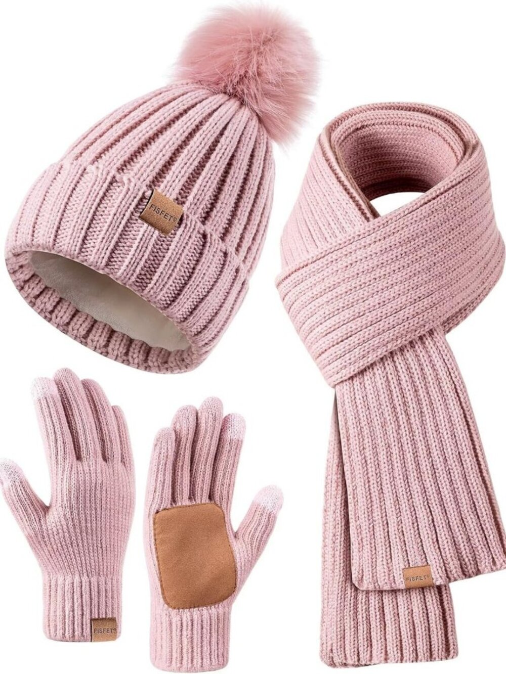 Cozy Winter Beanie, Scarf & Touchscreen Gloves Set for Women - Pom Pom Style